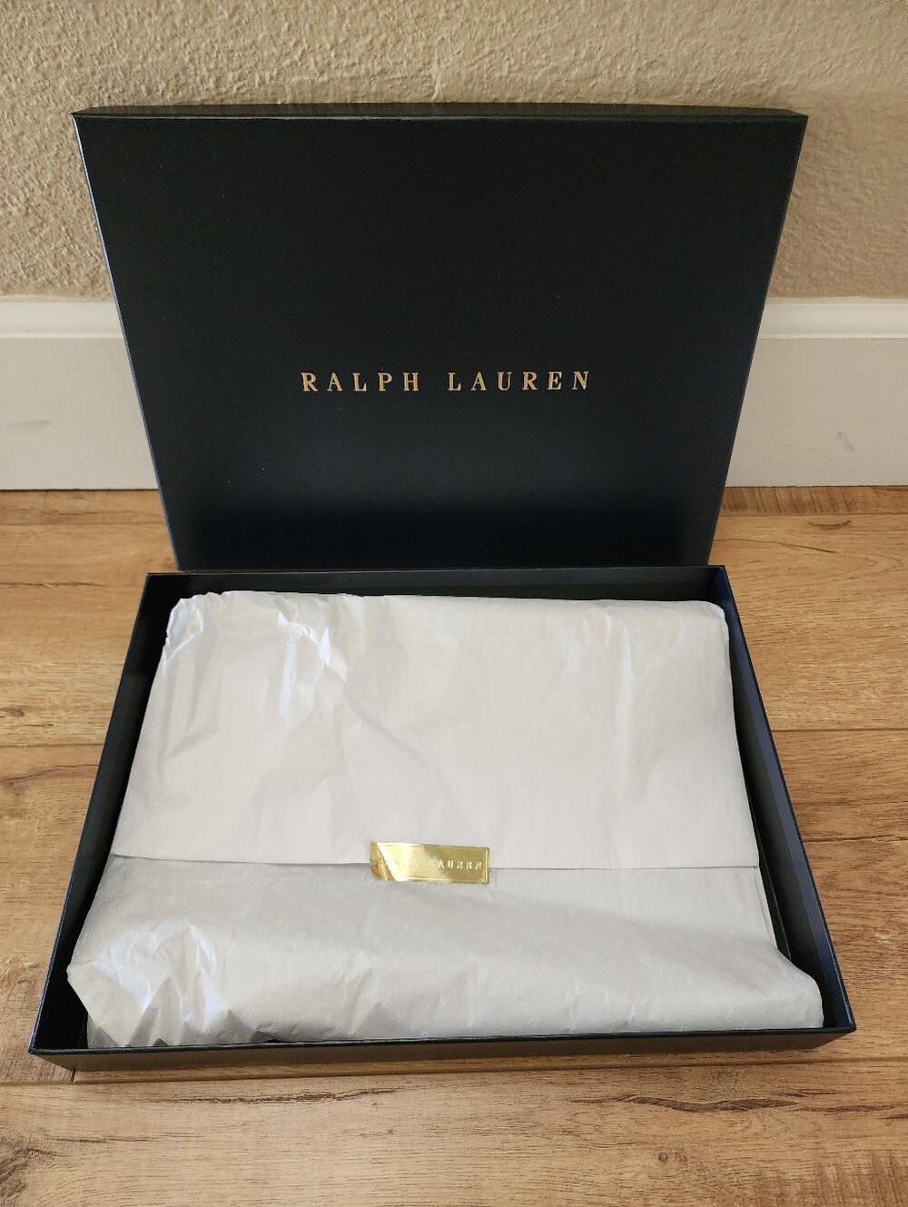 NEW Ralph Lauren Blue Gold Flat Empty Box 13x9x2 + All Over Logo Tissue Paper